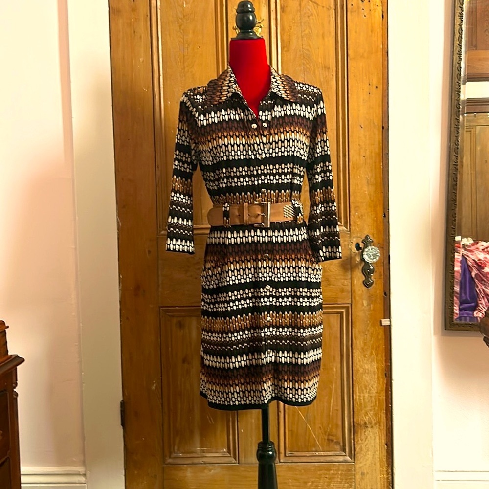 Brown and Black Poly Spandex Knit Shirt Dress 8